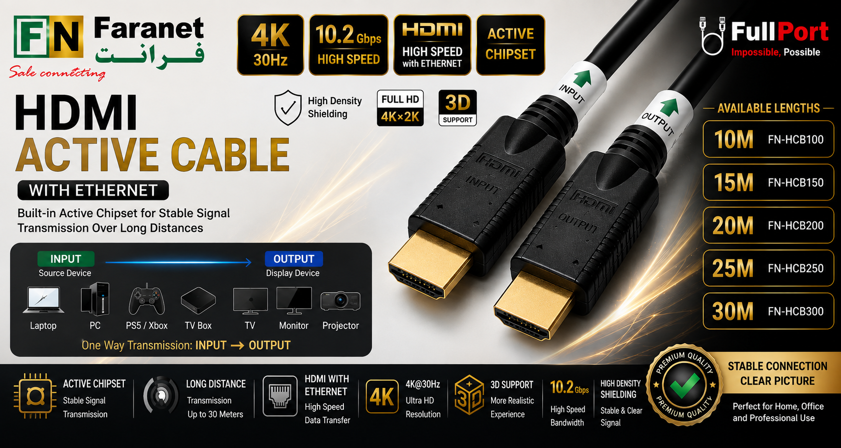 کابل HDMI اکتیو فرانت با چیپست فعال و اترنت 4K تا 30 متر