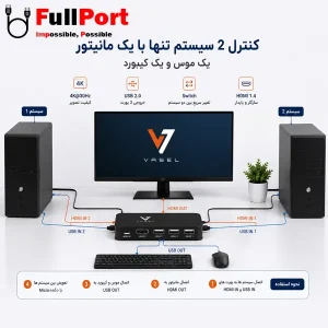 سوئیچ کی وی ام 2 خروجی دستی HDMI+USB واصل مدل VSL-HK201