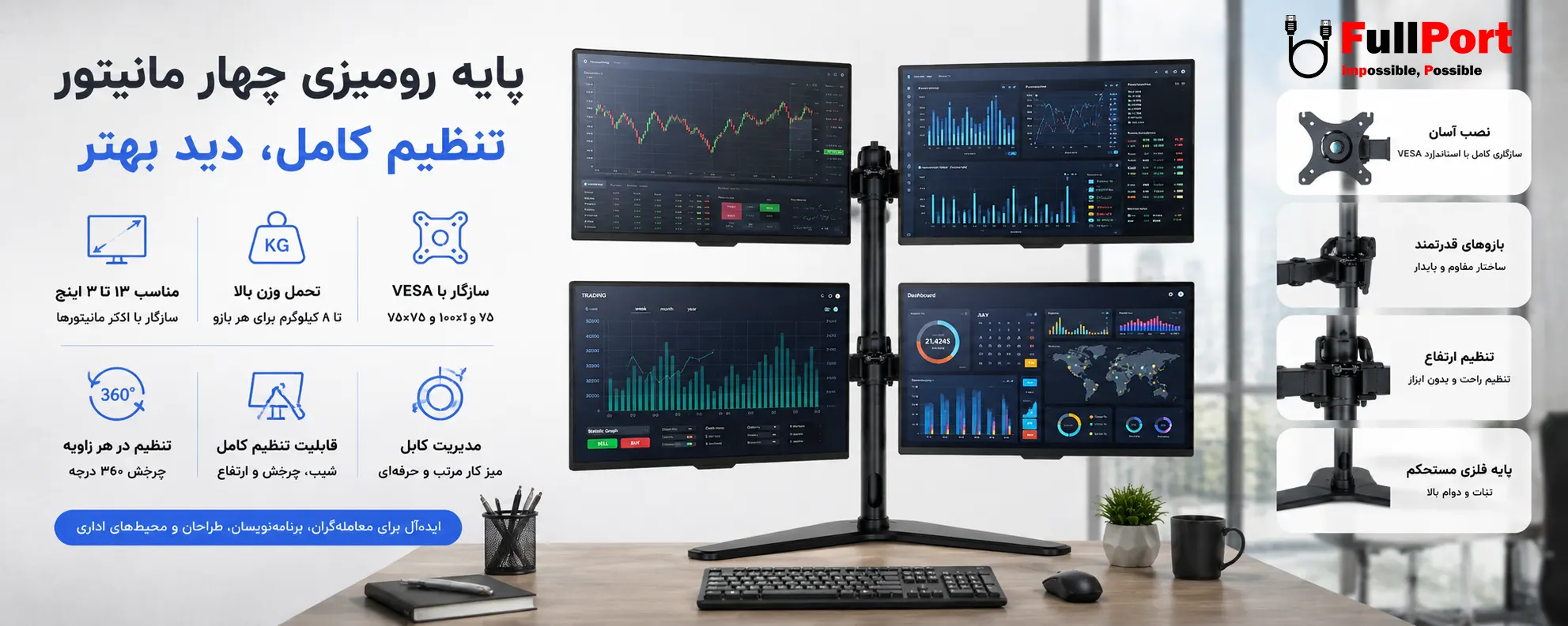 استفاده از پایه چهار مانیتور رومیزی ERGO مدل WLA009 در میز کار حرفهای