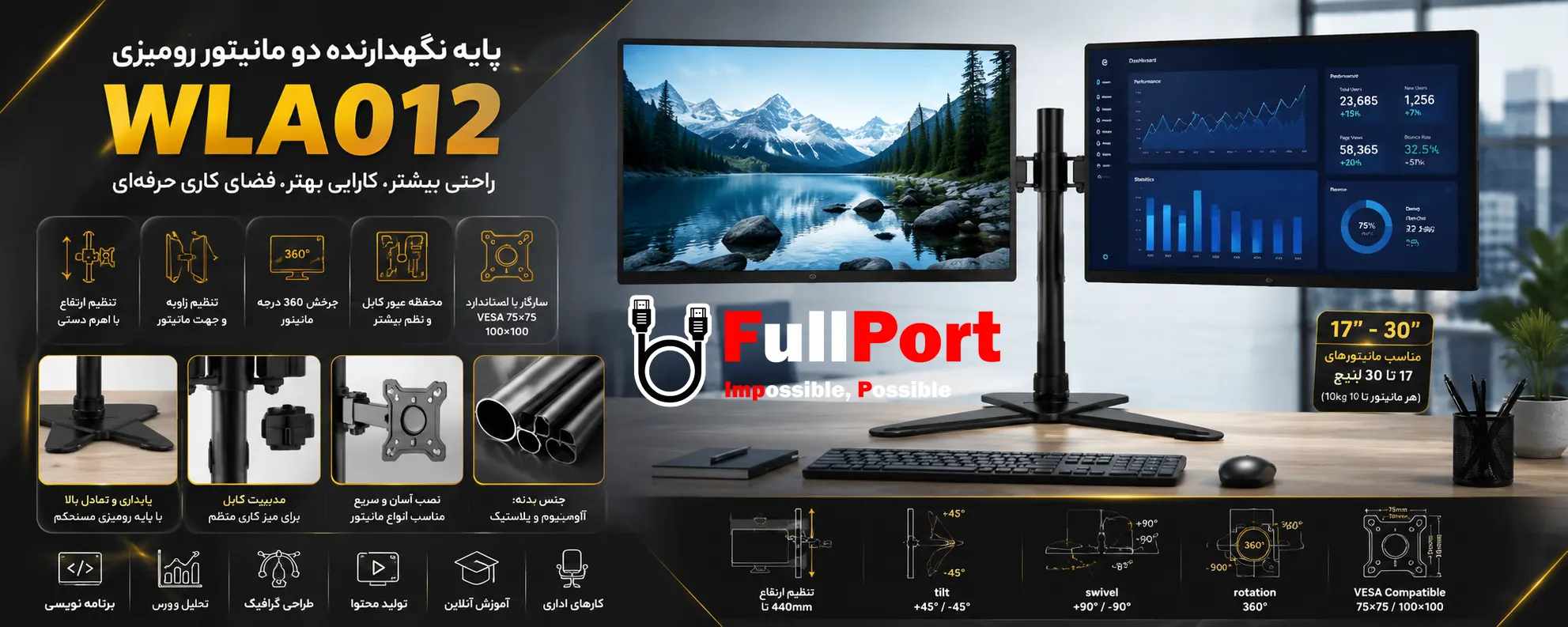 بنر معرفی پایه نگهدارنده دو مانیتور رومیزی ERGO مدل WLA012