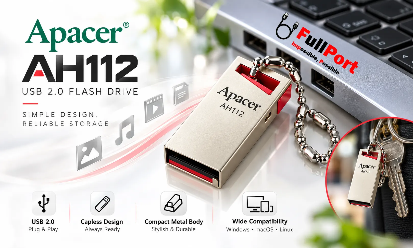 بنر معرفی فلش مموری Apacer AH112 با طراحی فلزی، رابط USB 2.0 و ویژگی‌های محصول
