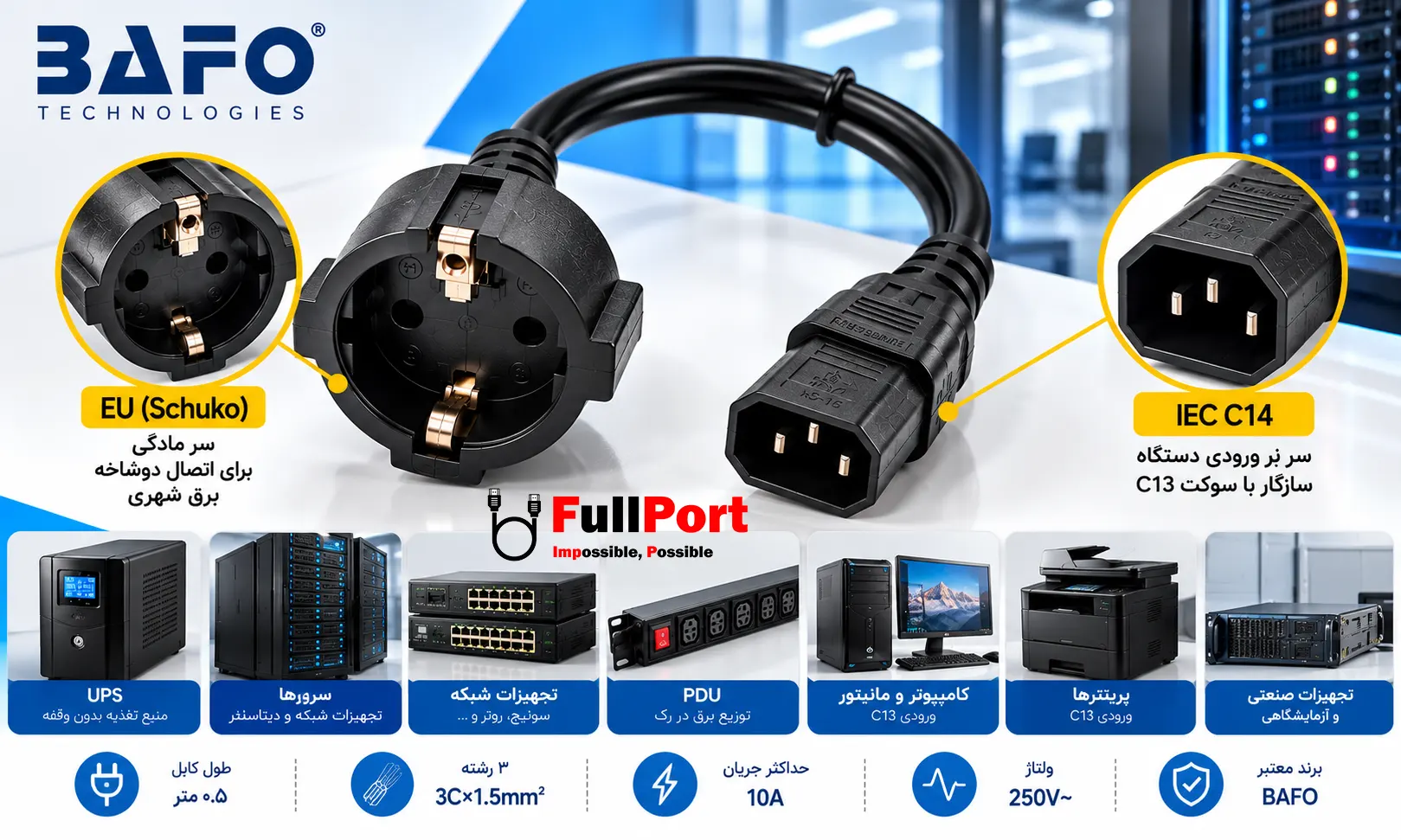 نحوه اتصال کابل برق با خروجی مادگی EU و کانکتور نر IEC C14 به ورودی C13 دستگاه
